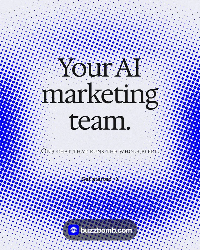 Instagram portrait post for BuzzBomb: "Your AI marketing team." Split block style, smallcaps layout, light palette in blue, white.