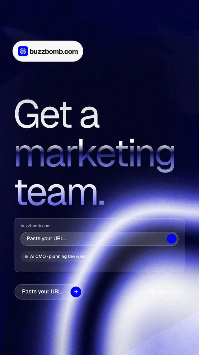 Instagram story for BuzzBomb: "Get a marketing team." Agentic glass style, poster layout, dark palette in blue, black.