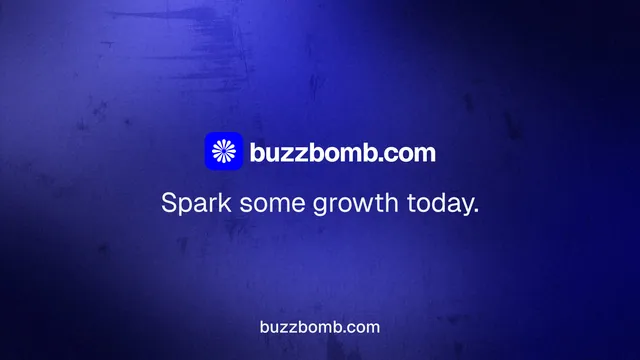 Landscape graphic for BuzzBomb: "Spark some growth today." Agentic glass style, end card layout, dark palette in blue.