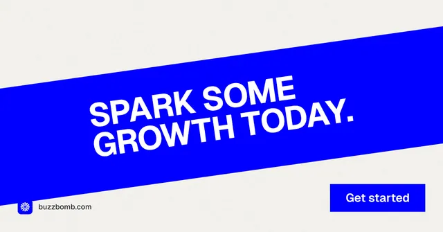 Social ad for BuzzBomb: "Spark some growth today." Swiss style, diagonal layout, light palette in blue, white.