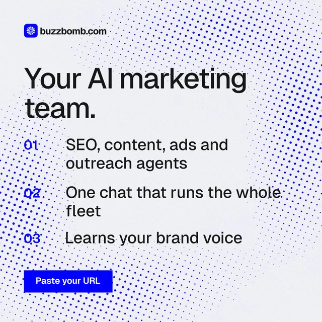 Instagram post for BuzzBomb: "Your AI marketing team." Swiss style, numbered layout, light palette in blue, white.