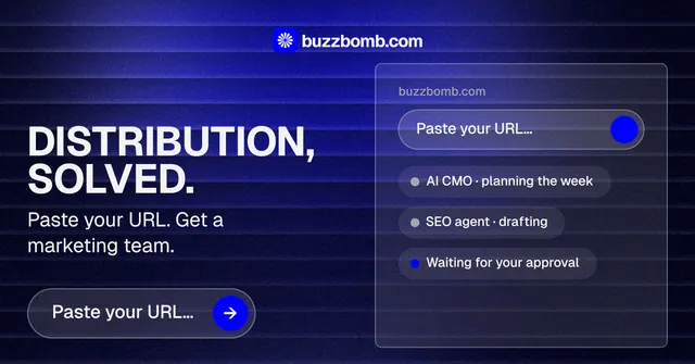 Social ad for BuzzBomb: "Distribution, solved." Agentic glass style, bottom layout, dark palette in black, blue, grey.