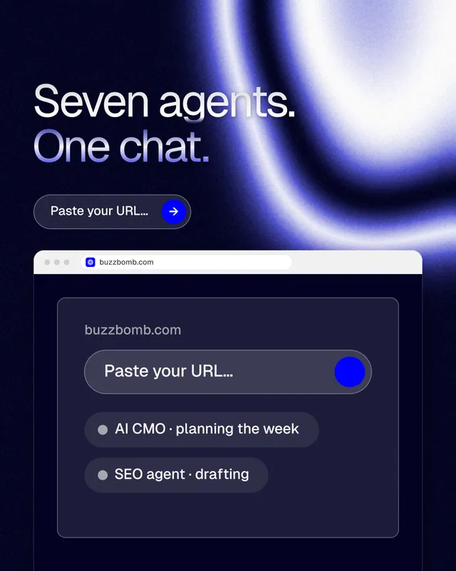 Instagram portrait post for BuzzBomb: "Seven agents. One chat." Agentic glass style, browser layout, dark palette in blue, black.