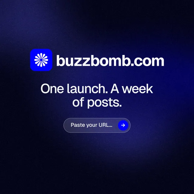 Instagram post for BuzzBomb: "One launch. A week of posts." Agentic glass style, logo hero layout, dark palette in blue, black.