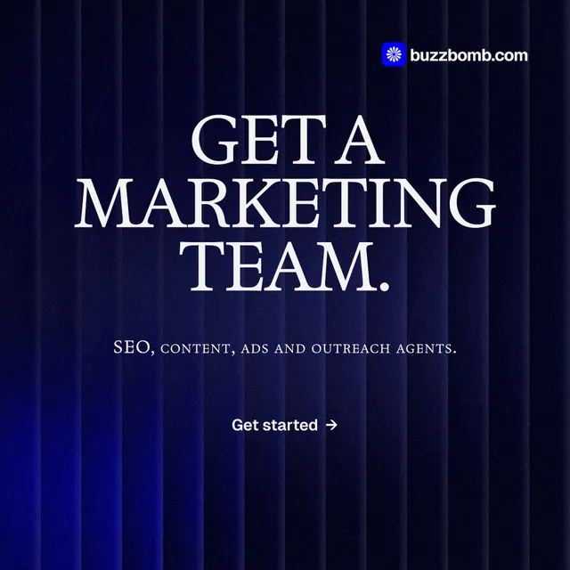 Instagram post for BuzzBomb: "Get a marketing team." Agentic glass style, smallcaps layout, dark palette in black, blue, grey.