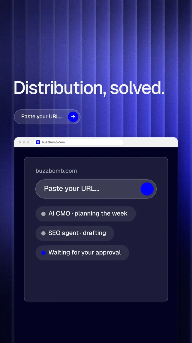 Instagram story for BuzzBomb: "Distribution, solved." Agentic glass style, browser layout, dark palette in blue, black.