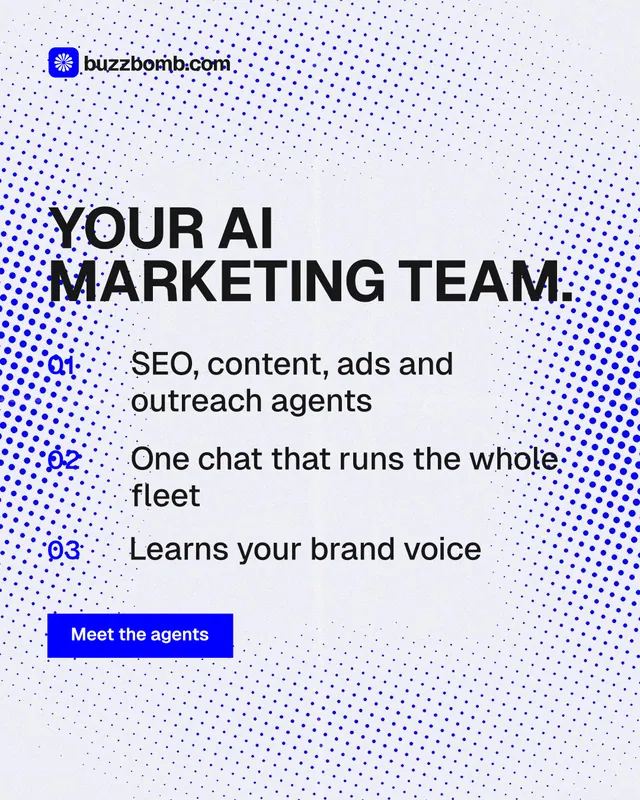 Instagram portrait post for BuzzBomb: "Your AI marketing team." Split block style, numbered layout, light palette in white, blue.