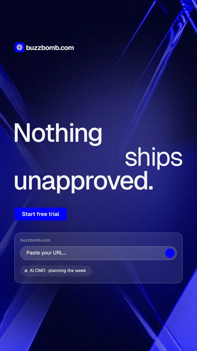 Instagram story for BuzzBomb: "Nothing ships unapproved." Swiss style, stacked layout, dark palette in black, blue.