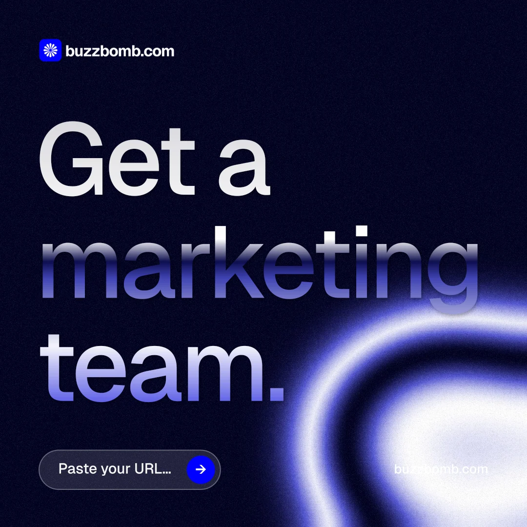 Instagram post for BuzzBomb: "Get a marketing team." Agentic glass style, poster layout, dark palette in black, blue.