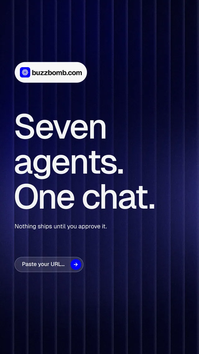 Instagram story for BuzzBomb: "Seven agents. One chat." Agentic glass style, announce layout, dark palette in blue, black, grey.