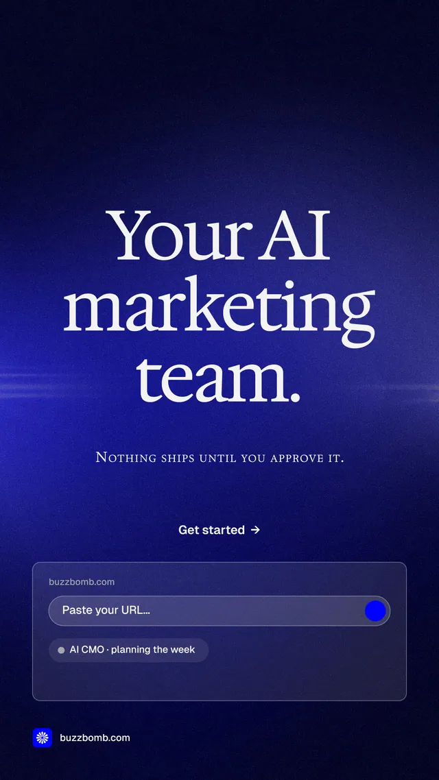 Instagram story for BuzzBomb: "Your AI marketing team." Agentic glass style, smallcaps layout, dark palette in black, blue.