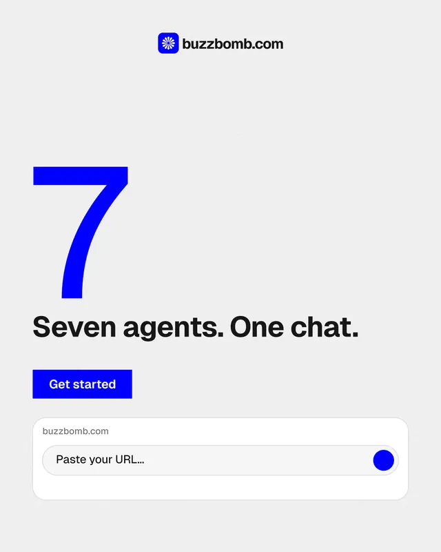 Instagram portrait post for BuzzBomb: "Get a marketing team." Swiss style, stat layout, light palette in white, blue.