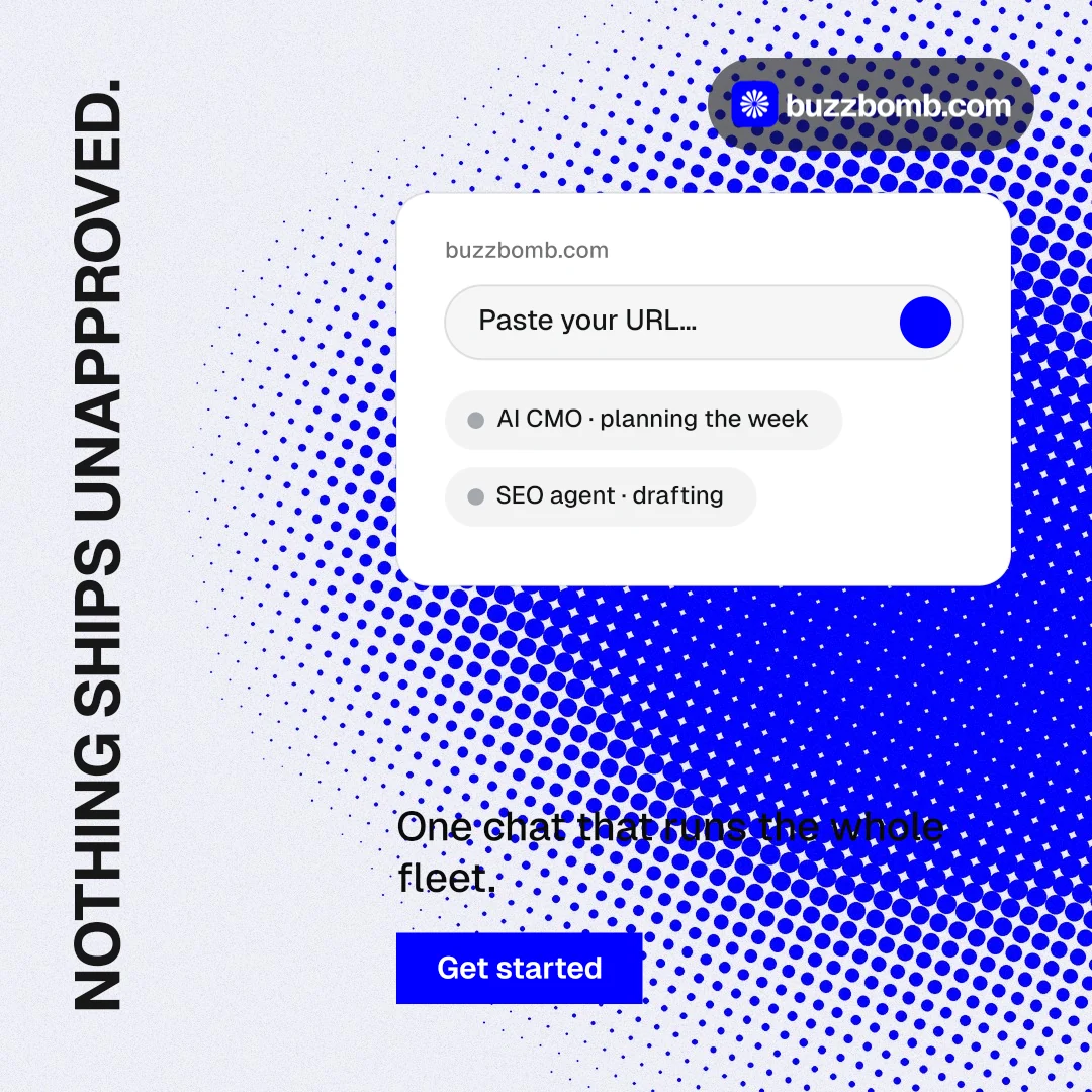 Instagram post for BuzzBomb: "Nothing ships unapproved." Swiss style, vertical layout, light palette in white, blue.