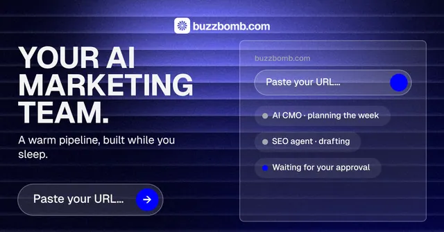 Social ad for BuzzBomb: "Your AI marketing team." Agentic glass style, bottom layout, dark palette in blue, black.