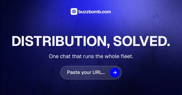 Social ad for BuzzBomb: "Distribution, solved." Agentic glass style, skeleton layout, dark palette in black, blue.