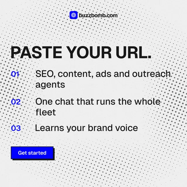 Instagram post for BuzzBomb: "Paste your URL." Brutalist style, numbered layout, light palette in white, grey.