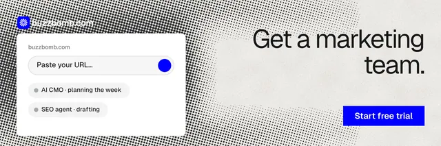 X header for BuzzBomb: "Get a marketing team." Swiss style, right layout, light palette in white, grey.
