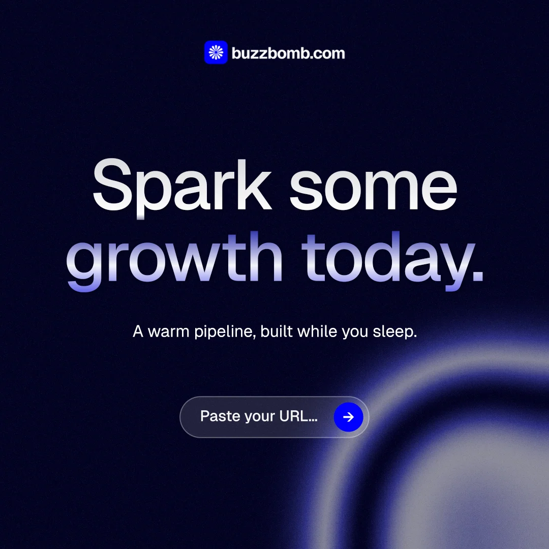 Instagram post for BuzzBomb: "Spark some growth today." Agentic glass style, centred layout, dark palette in black, blue.