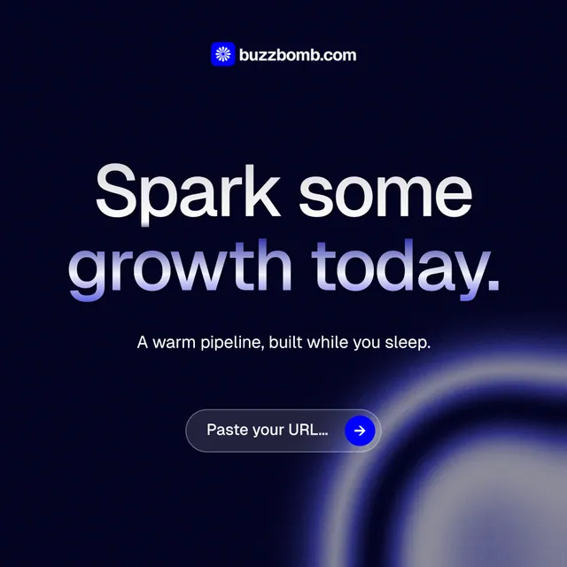 Instagram post for BuzzBomb: "Spark some growth today." Agentic glass style, centred layout, dark palette in black, blue.