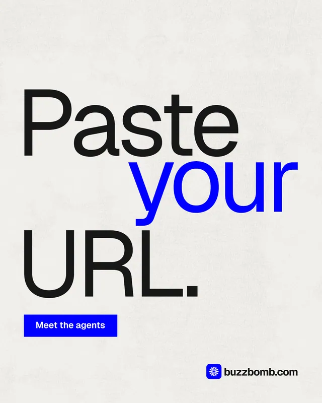 Instagram portrait post for BuzzBomb: "Paste your URL." Swiss style, stacked layout, light palette in white, blue.