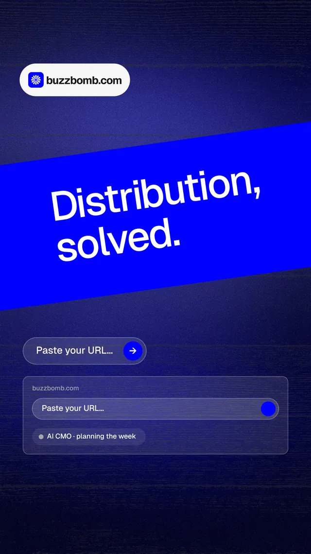 Instagram story for BuzzBomb: "Distribution, solved." Agentic glass style, diagonal layout, dark palette in black, blue.