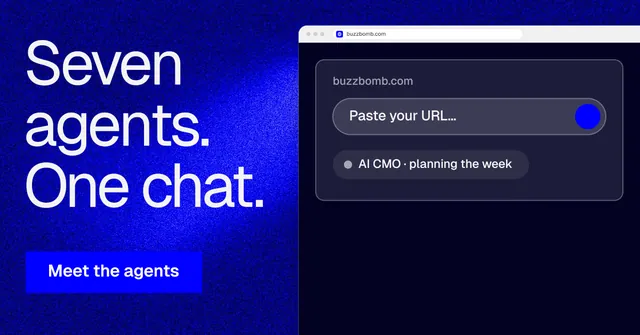Social ad for BuzzBomb: "Seven agents. One chat." Swiss style, browser layout, dark palette in blue.