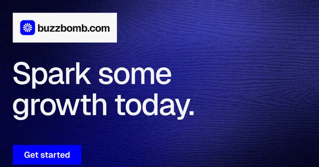 Social ad for BuzzBomb: "Spark some growth today." Swiss style, announce layout, dark palette in blue, grey.