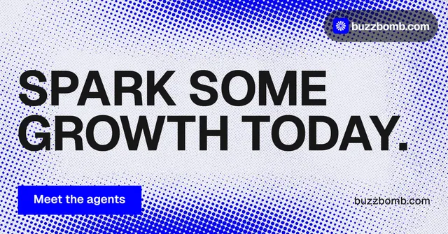 Social ad for BuzzBomb: "Spark some growth today." Split block style, poster layout, light palette in blue, white.