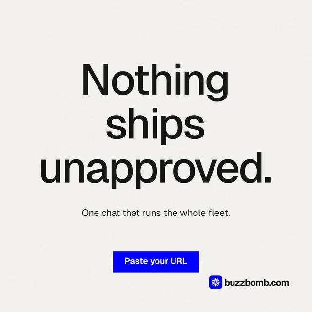 Instagram post for BuzzBomb: "Nothing ships unapproved." Swiss style, centred layout, light palette in white, grey.