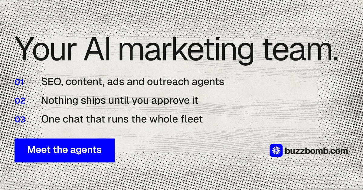 Social ad for BuzzBomb: "Your AI marketing team." Swiss style, numbered layout, light palette in grey, white.