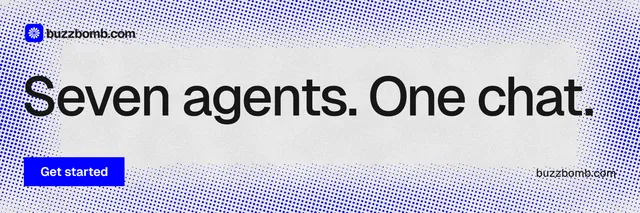 X header for BuzzBomb: "Seven agents. One chat." Swiss style, poster layout, light palette in blue, white.