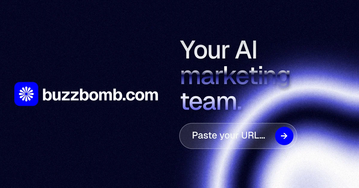 Social ad for BuzzBomb: "Your AI marketing team." Agentic glass style, logo hero layout, dark palette in black, blue.