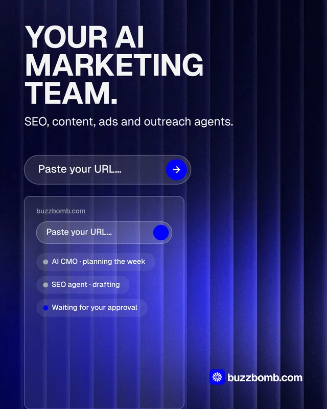 Instagram portrait post for BuzzBomb: "Your AI marketing team." Agentic glass style, skeleton layout, dark palette in blue, black.