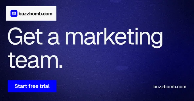 Social ad for BuzzBomb: "Get a marketing team." Swiss style, poster layout, dark palette in blue.
