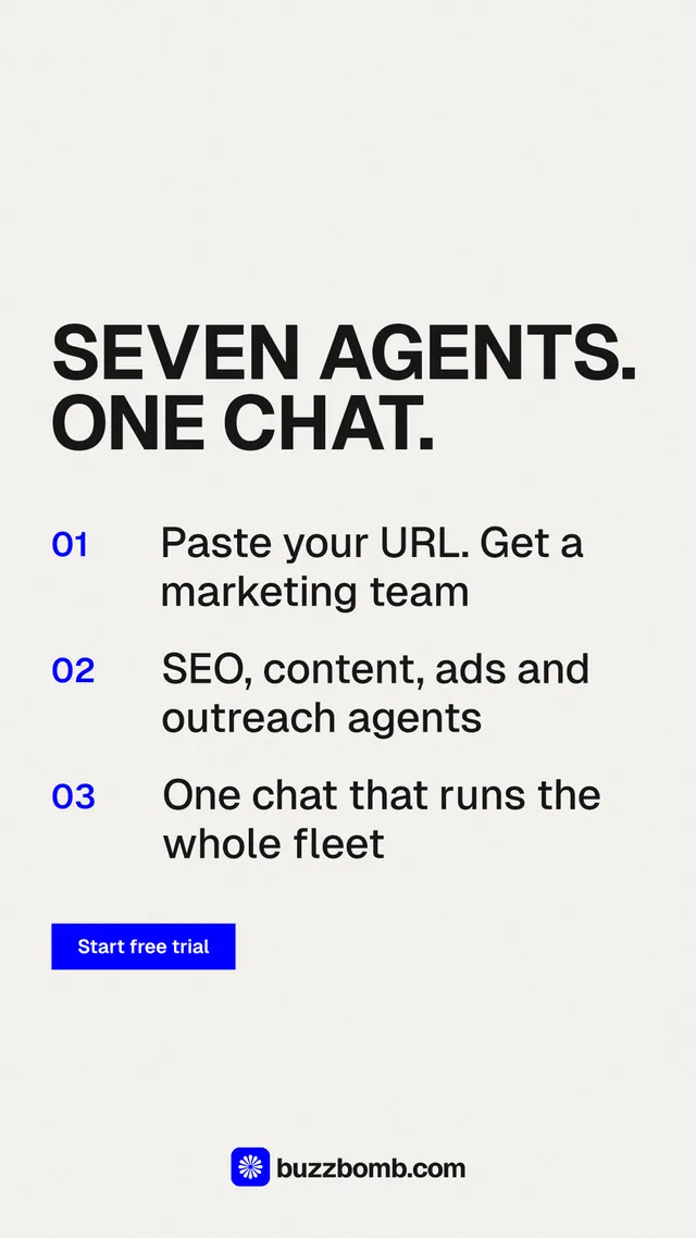 Instagram story for BuzzBomb: "Seven agents. One chat." Swiss style, numbered layout, light palette in white, grey.