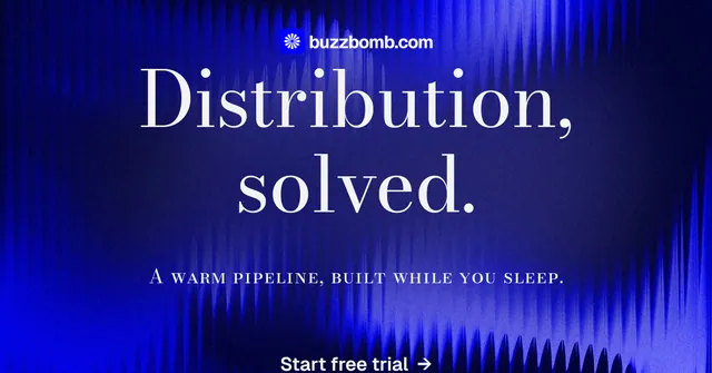 Social ad for BuzzBomb: "Distribution, solved." Minimal luxury style, smallcaps layout, dark palette in blue.