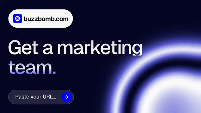 Landscape graphic for BuzzBomb: "Get a marketing team." Agentic glass style, announce layout, dark palette in black, blue.