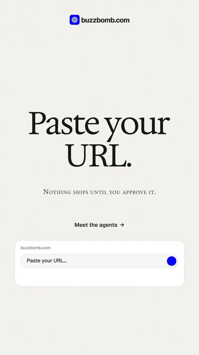 Instagram story for BuzzBomb: "Paste your URL." Swiss style, smallcaps layout, light palette in white.