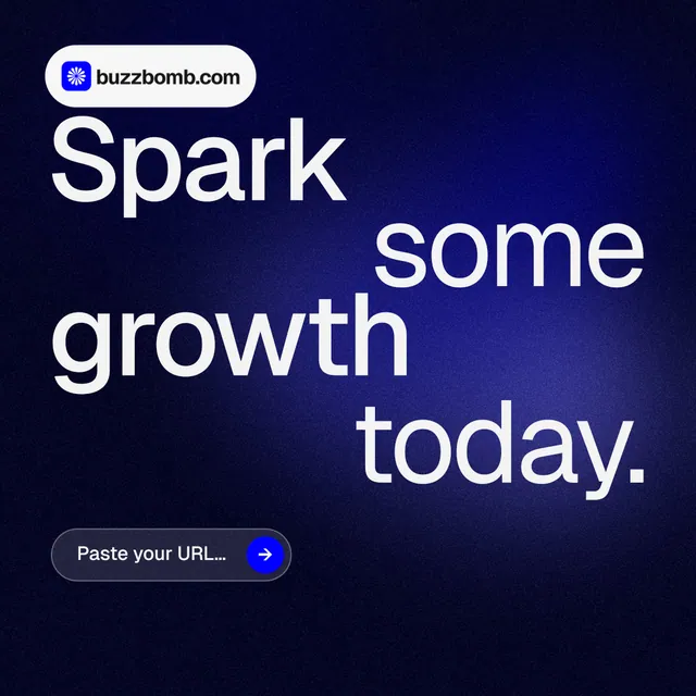 Instagram post for BuzzBomb: "Spark some growth today." Agentic glass style, stacked layout, dark palette in blue, black, grey.
