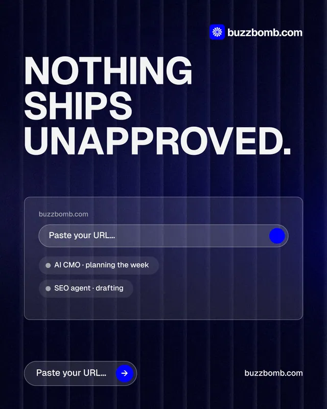 Instagram portrait post for BuzzBomb: "Nothing ships unapproved." Agentic glass style, poster layout, dark palette in black, blue, grey.