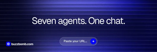 X header for BuzzBomb: "Seven agents. One chat." Agentic glass style, centred layout, dark palette in blue, black.