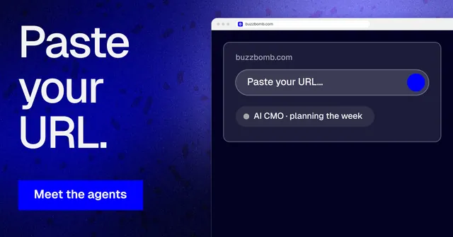 Social ad for BuzzBomb: "Paste your URL." Swiss style, browser layout, dark palette in black, blue.
