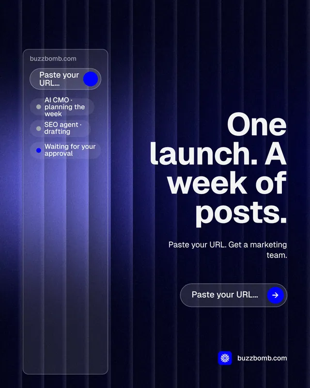 Instagram portrait post for BuzzBomb: "One launch. A week of posts." Agentic glass style, right layout, dark palette in blue, black.