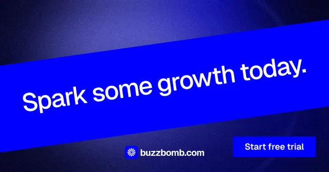 Social ad for BuzzBomb: "Spark some growth today." Swiss style, diagonal layout, dark palette in blue.