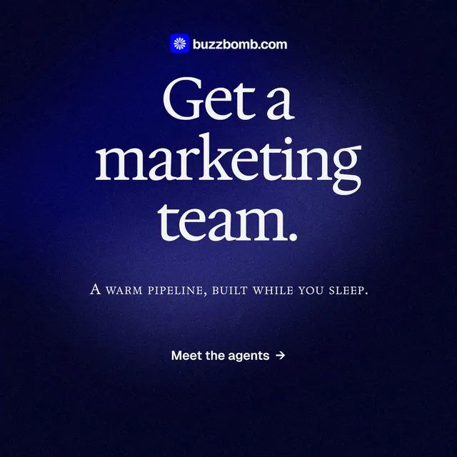 Instagram post for BuzzBomb: "Get a marketing team." Agentic glass style, smallcaps layout, dark palette in black, blue.