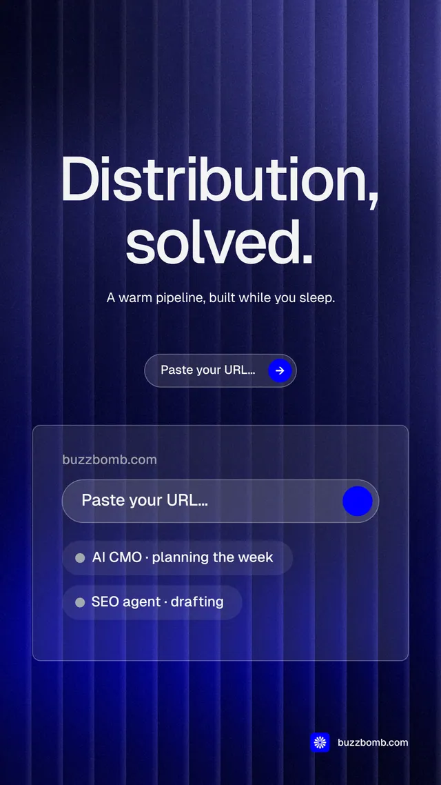 Instagram story for BuzzBomb: "Distribution, solved." Agentic glass style, centred layout, dark palette in blue.