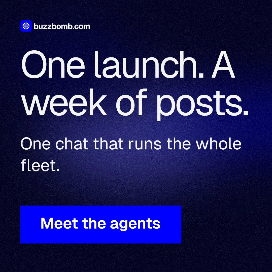 Instagram post for BuzzBomb: "One launch. A week of posts." Swiss style, skeleton layout, dark palette in black, blue.