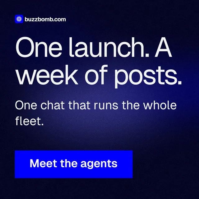 Instagram post for BuzzBomb: "One launch. A week of posts." Swiss style, skeleton layout, dark palette in black, blue.