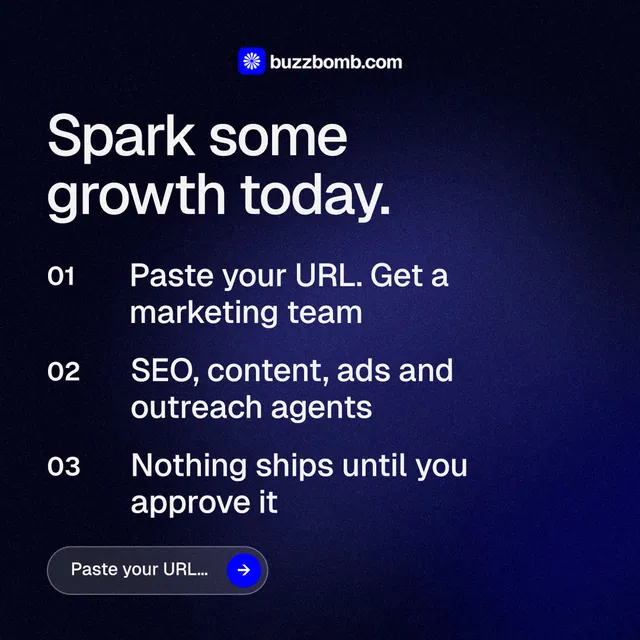 Instagram post for BuzzBomb: "Spark some growth today." Agentic glass style, numbered layout, dark palette in black, blue, grey.