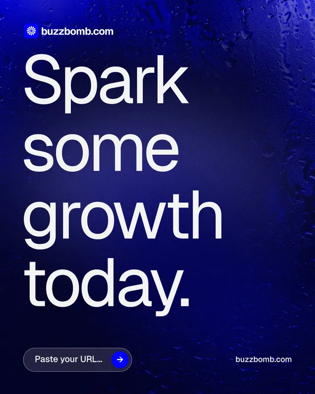 Instagram portrait post for BuzzBomb: "Spark some growth today." Agentic glass style, poster layout, dark palette in black, blue, grey.